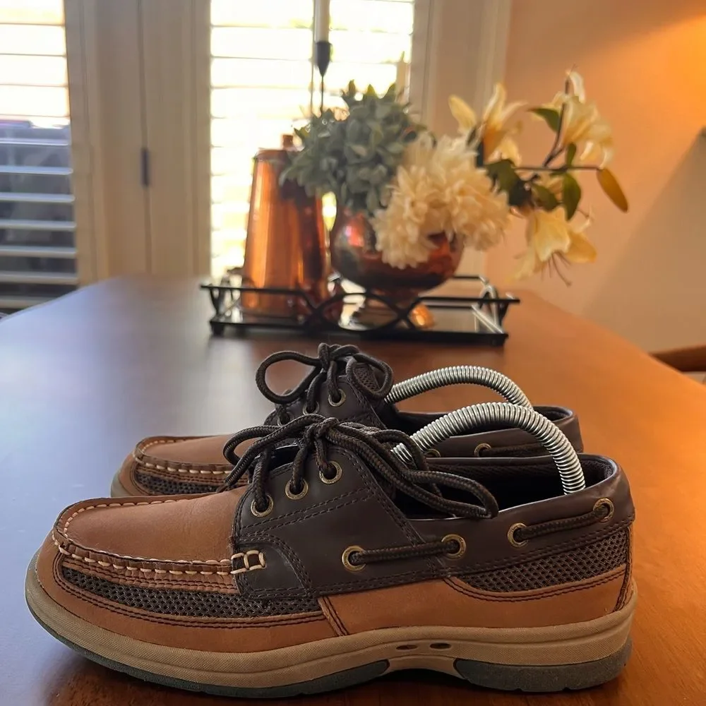 Thom McAn Men's Kiel Brown/Tan Casual Lace-Up Comfy Leather Mesh Boat Shoes 7M